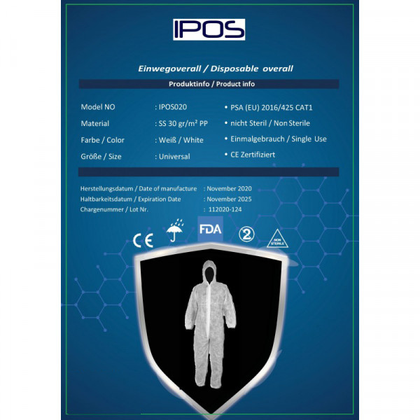 IPOS Overall 30 gr./m2 SS PP Schutzanzug mit Kapuze